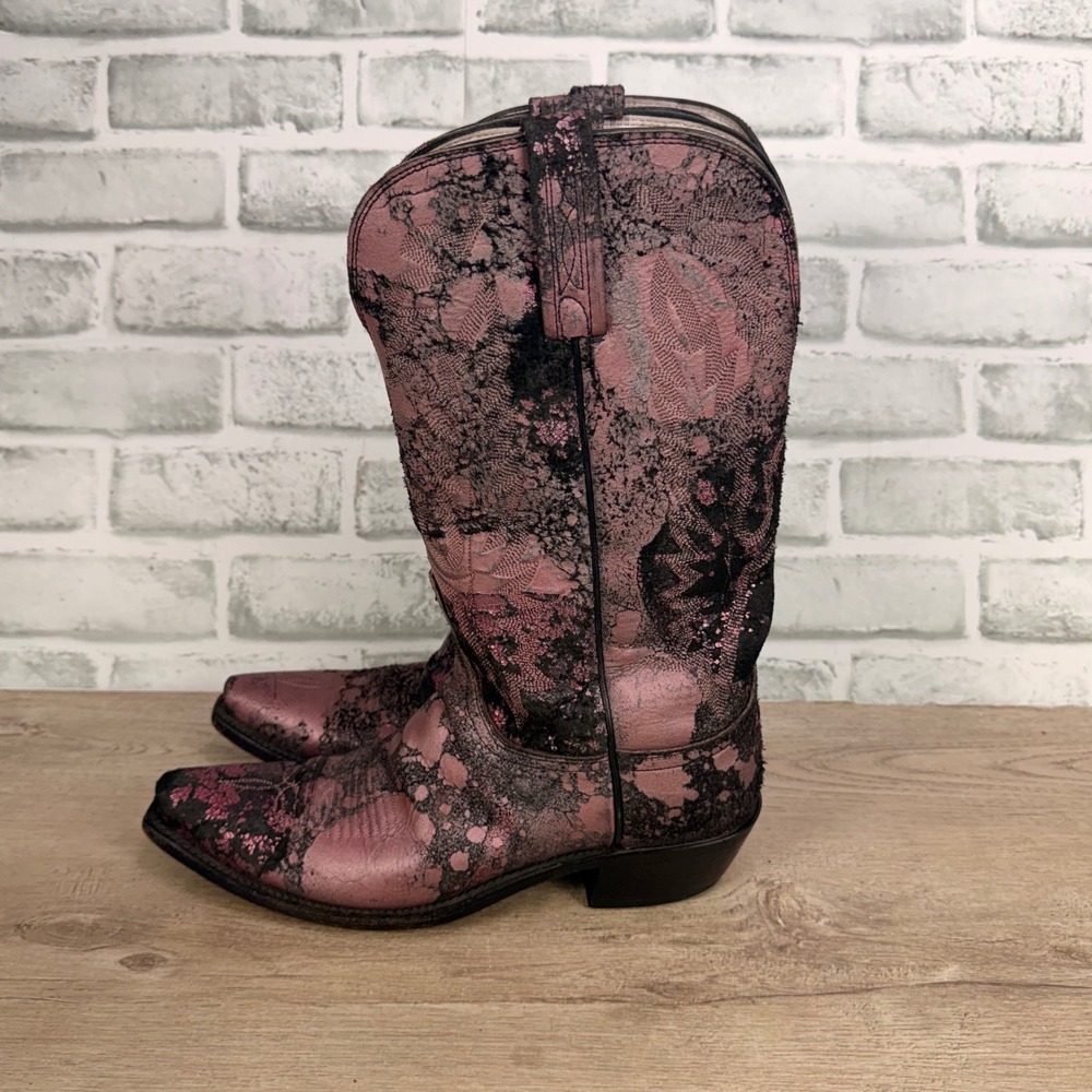 Lucchese Pink and Black Distressed Western Boots Womens 8.5